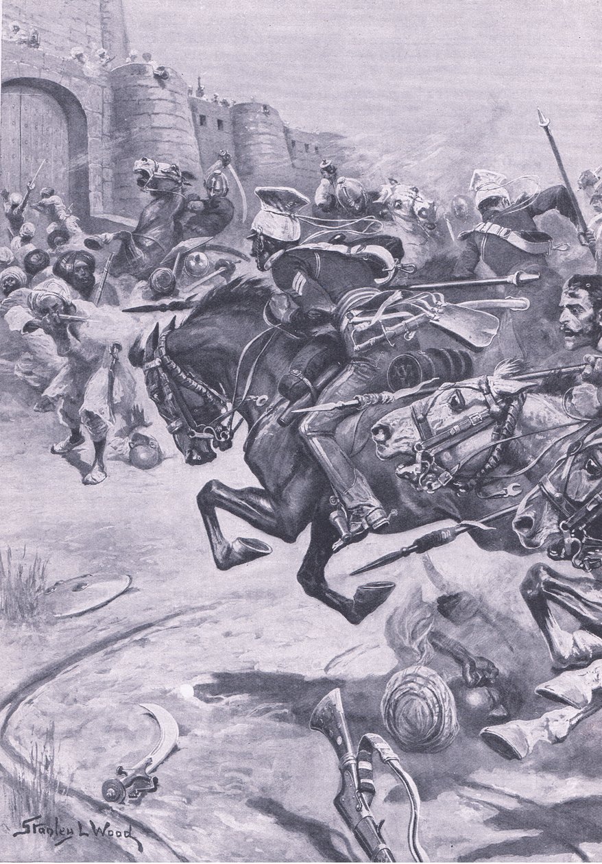 A 16. Lancers and Skinners Horse, aki a dzsátokat Bharatpurba hajtja; 1825. december, illusztráció a brit szárazföldi és tengeri csatákból, 1915 alkotó: Stanley L. Wood