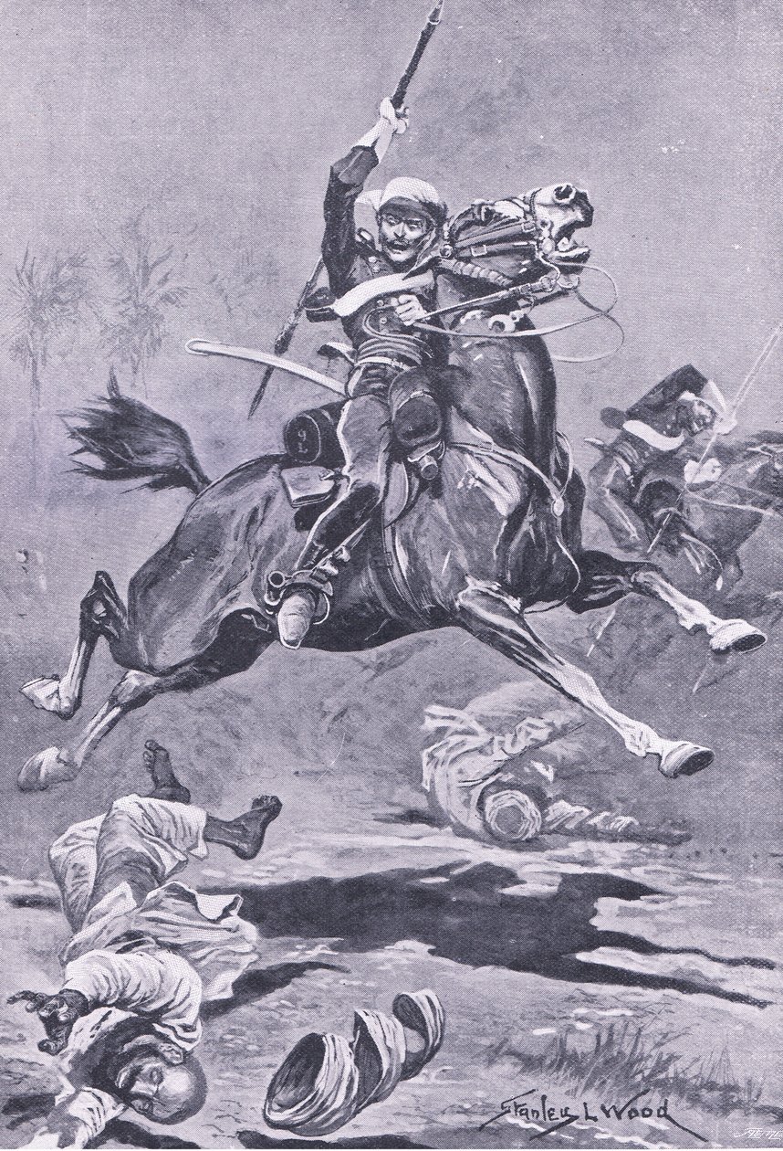 The 9th Lancers at Delhi, 1857, illusztráció a brit csaták szárazföldön és tengeren, 1915-ből alkotó: Stanley L. Wood