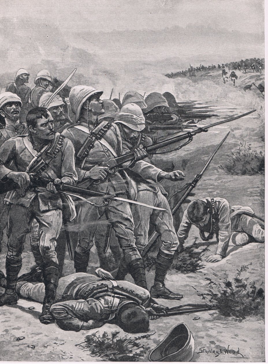 Az ABU-Kru tér, 1885. január 19., illusztráció a brit szárazföldi és tengeri csatákból, 1915 alkotó: Stanley L. Wood