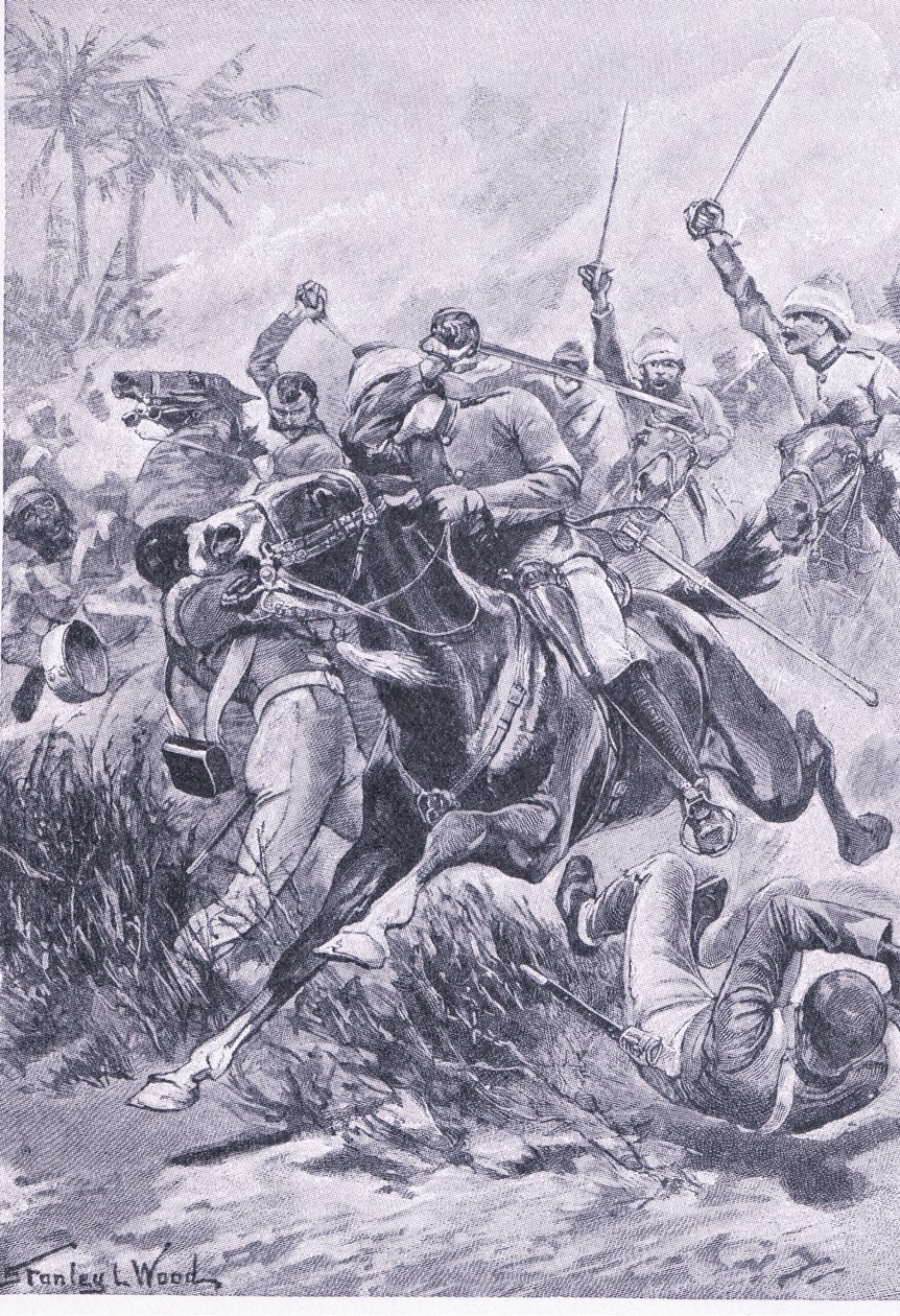 Önkéntes lovasság Lucknow mellett, 1857. június 30., illusztráció a brit szárazföldi és tengeri csatákból, 1915 alkotó: Stanley L. Wood