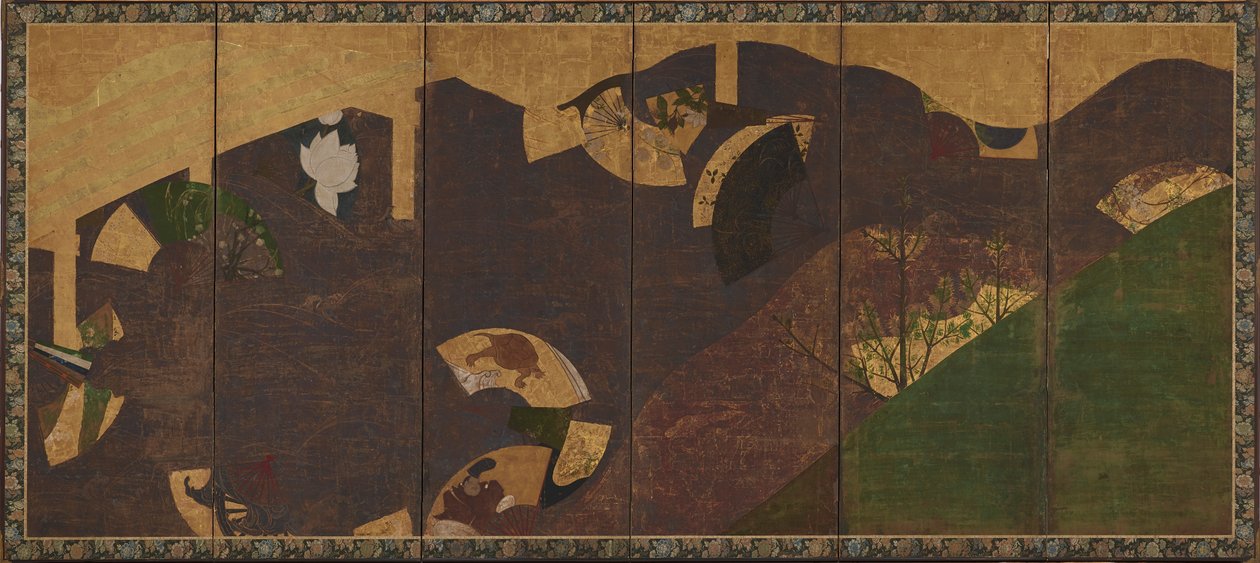 Borostyán szőlő, hidak és lebegő legyezők, Momoyama vagy Edo időszak, 17. század eleje. alkotó: Sôtatsu