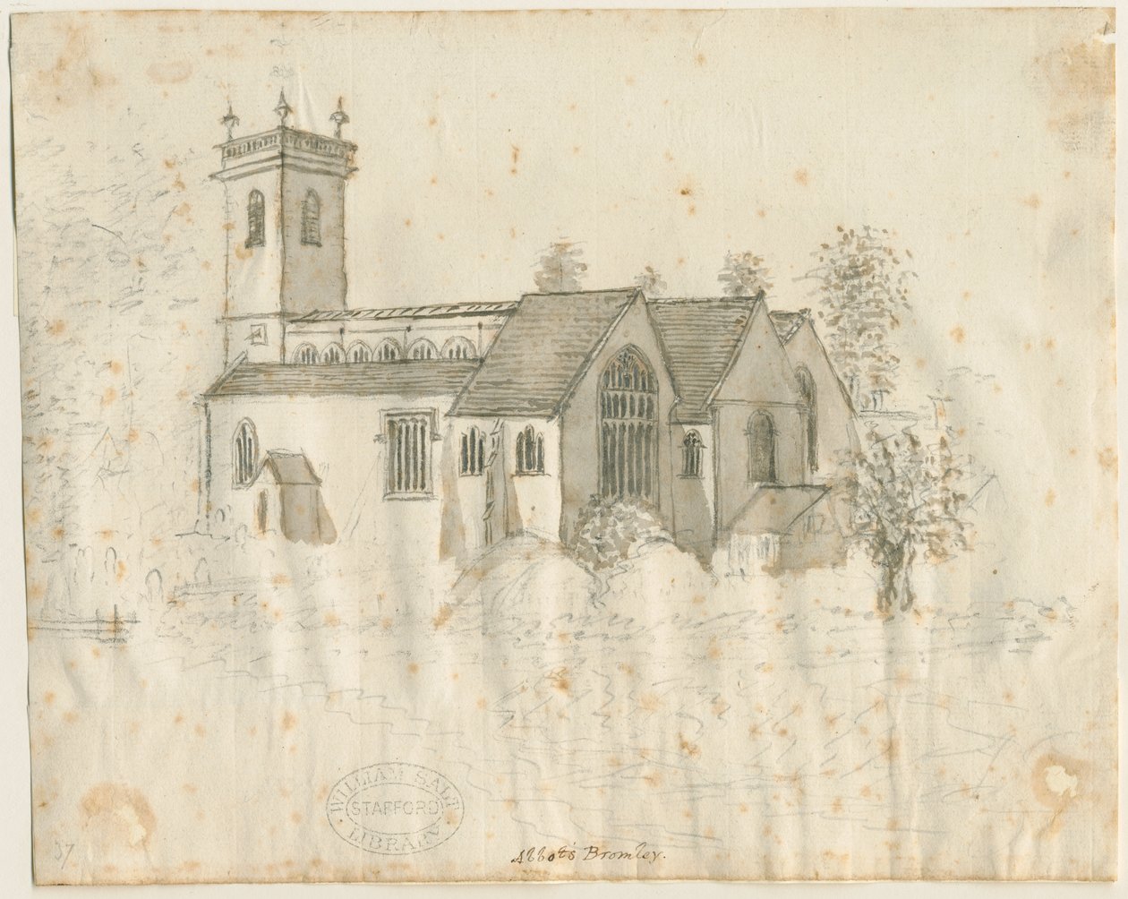 Abbots Bromley Church: ceruzavázlat enyhe mosással, nd [1762-1802] alkotó: Stebbing Shaw