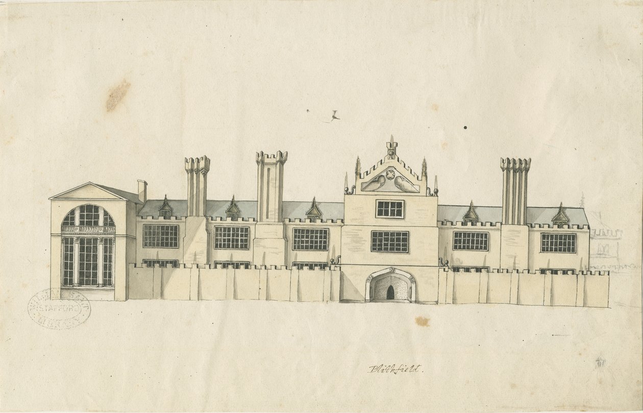 Blithfield Hall: színezett tollrajz, és [18. század] (rajz) alkotó: Stebbing Shaw