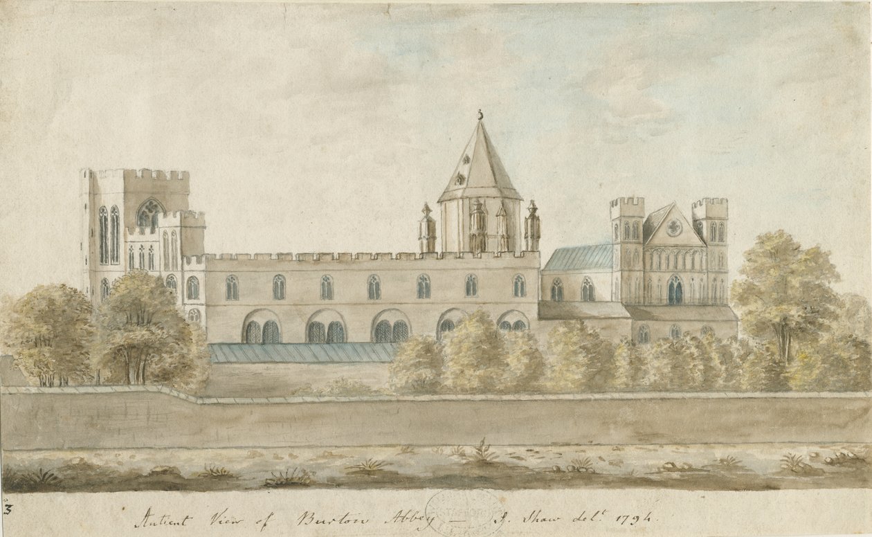 Burton-upon-Trent Abbey: vízfestmény, 1794 alkotó: Stebbing Shaw