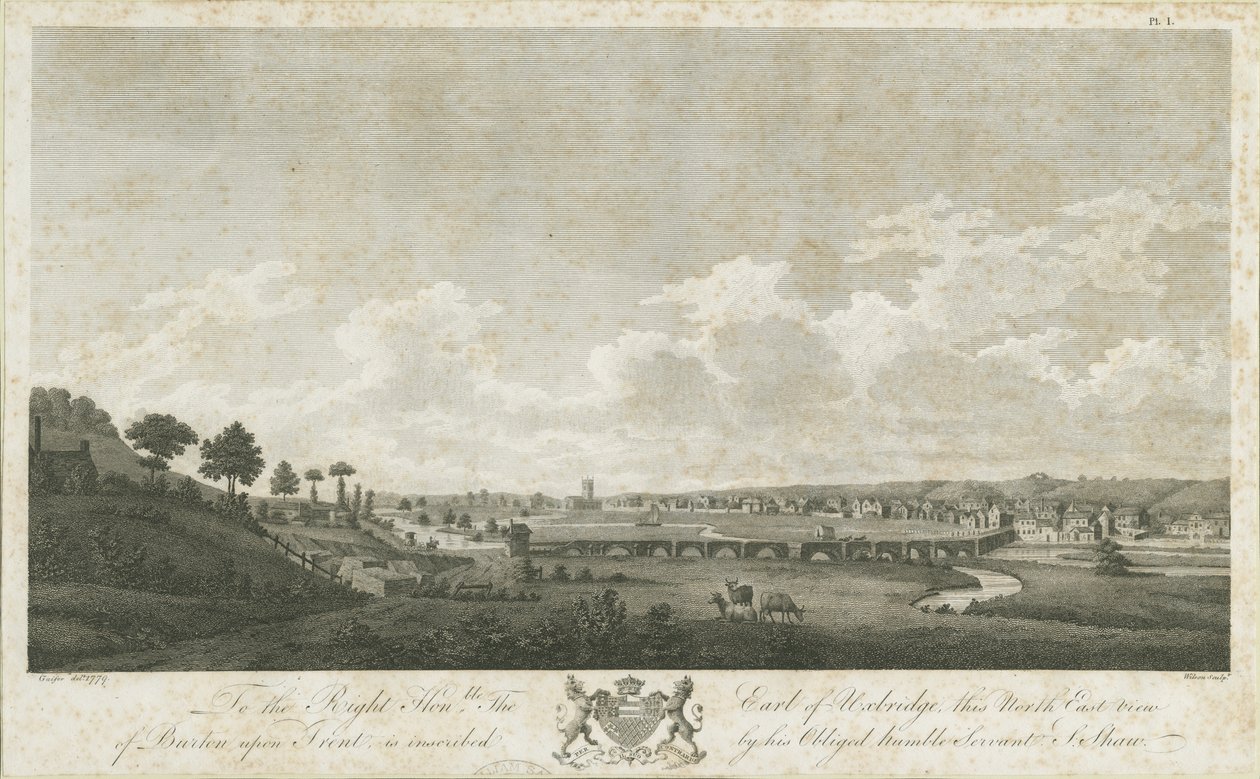 Burton-upon-Trent híd és város: metszet, 1779 alkotó: Stebbing Shaw