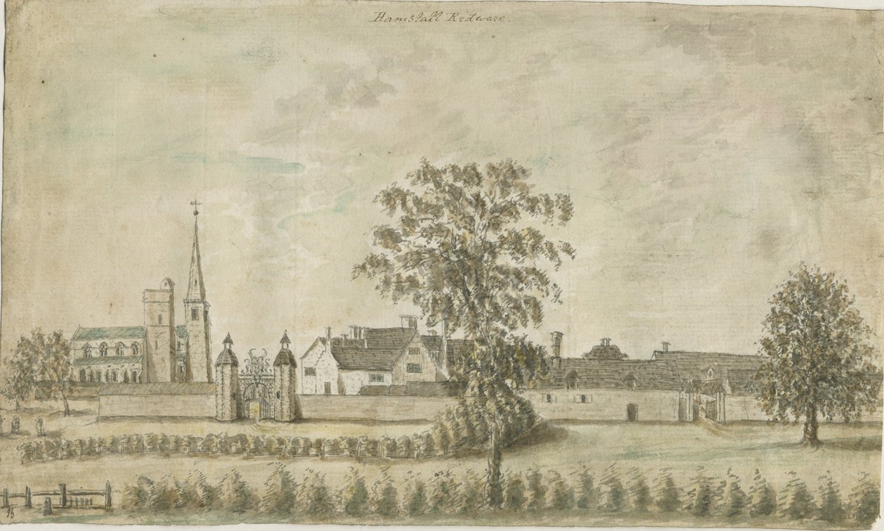 Hamstall Ridware – Templom és kastély: vízfestmény, nd [1762-1802] alkotó: Stebbing Shaw