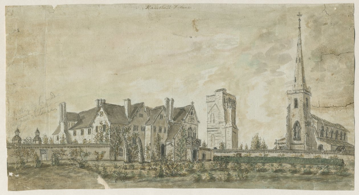 Hamstall Ridware – Templom és kastély: vízfestmény, nd [1762-1802] alkotó: Stebbing Shaw