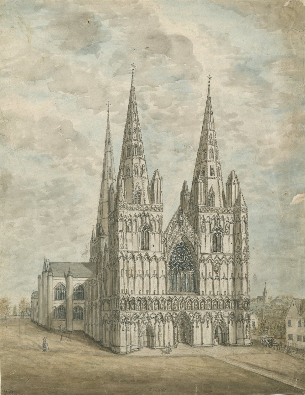 Lichfield katedrális – Nyugati front: akvarell festmény, nd [1762-1802] alkotó: Stebbing Shaw