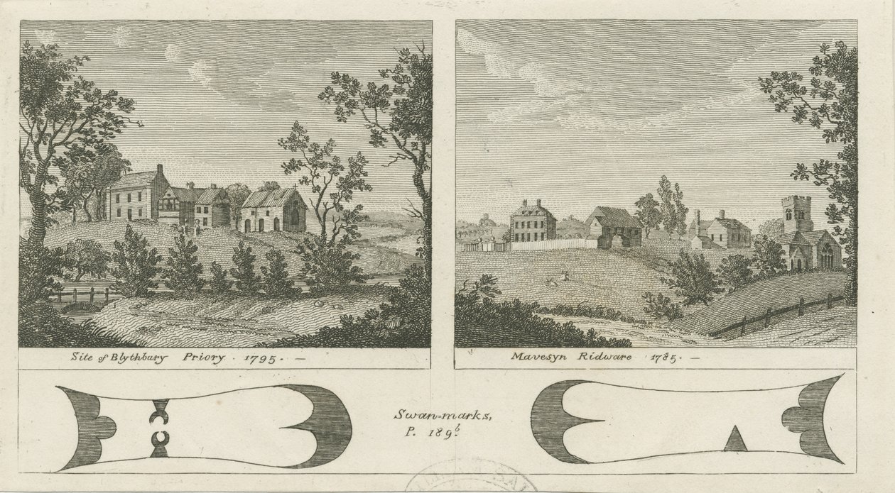 Mavesyn Ridware – Blythbury Priory helye: metszet, 1795 alkotó: Stebbing Shaw