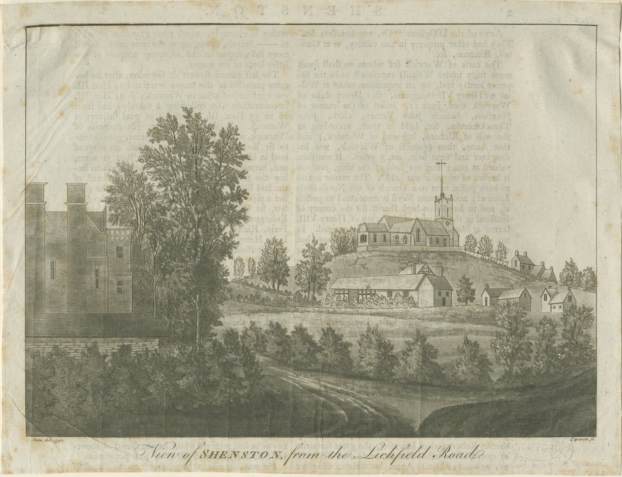 Shenstone templom és falu: akvatinta metszet, 1792 alkotó: Stebbing Shaw