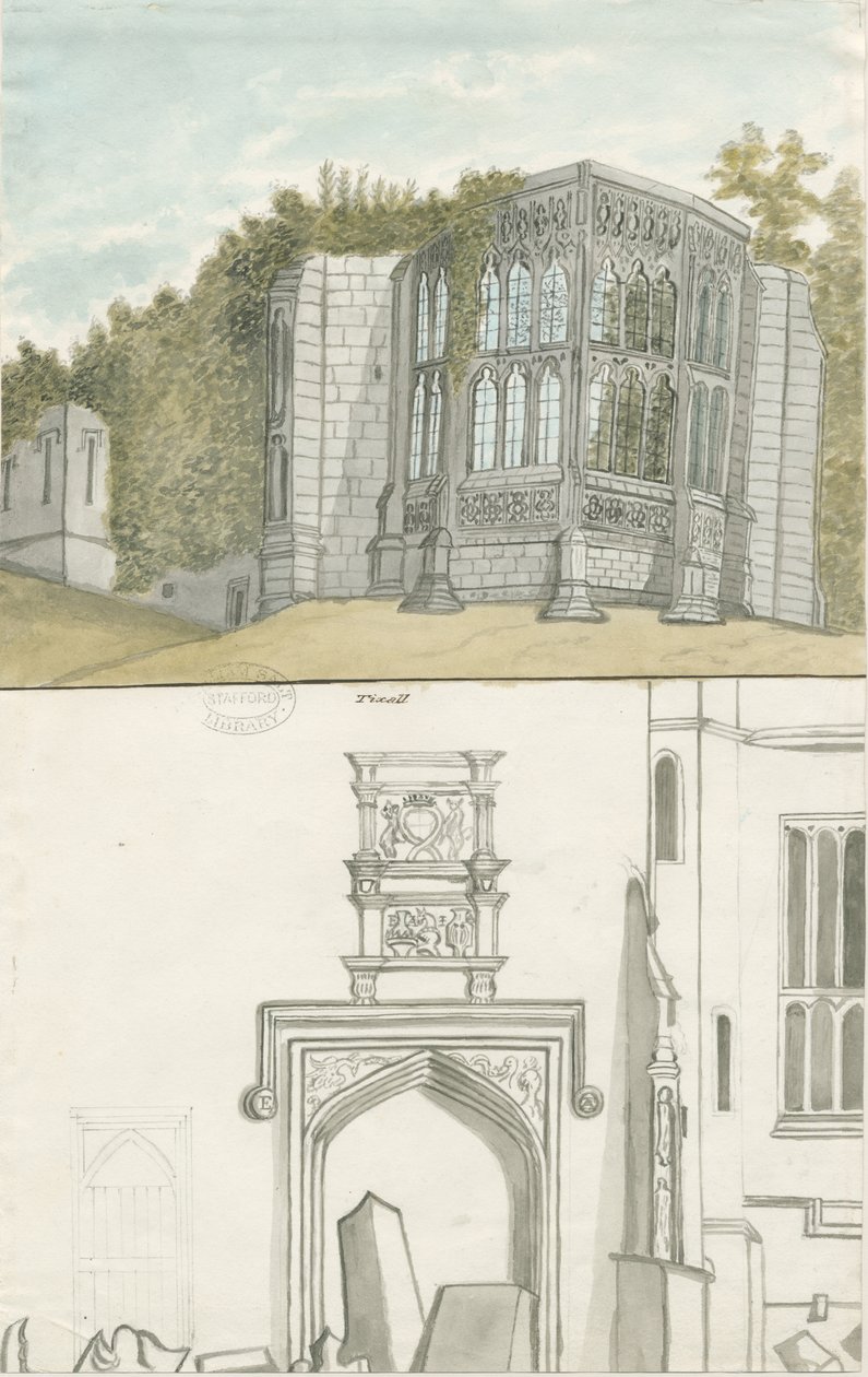Tixall - Gótikus ablak és heraldikai régiségek: akvarell festészet, nd [1762-1802] (festmény) alkotó: Stebbing Shaw