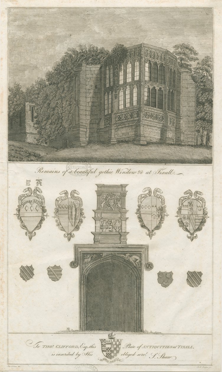 Tixall Hall - Gótikus ablak és heraldikai régiségek: metszet, nd [1762-1802] (nyomtatás) alkotó: Stebbing Shaw