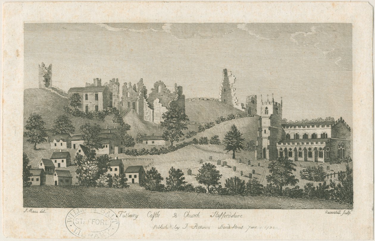 Tutbury kastély és templom – Délkeleti nézet: metszet, nd [1762-1792] (nyomtatás) alkotó: Stebbing Shaw