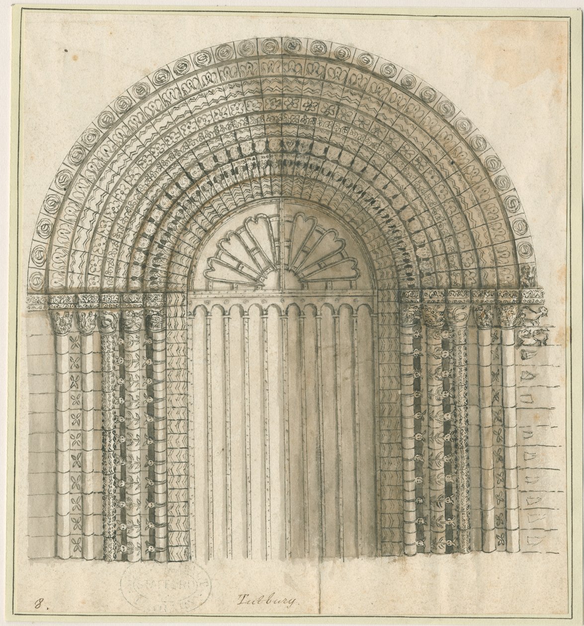 Tutbury Priory Church – Arch in West Door: toll és szépia rajz, nd [1762-1802] (nyomtatás) alkotó: Stebbing Shaw