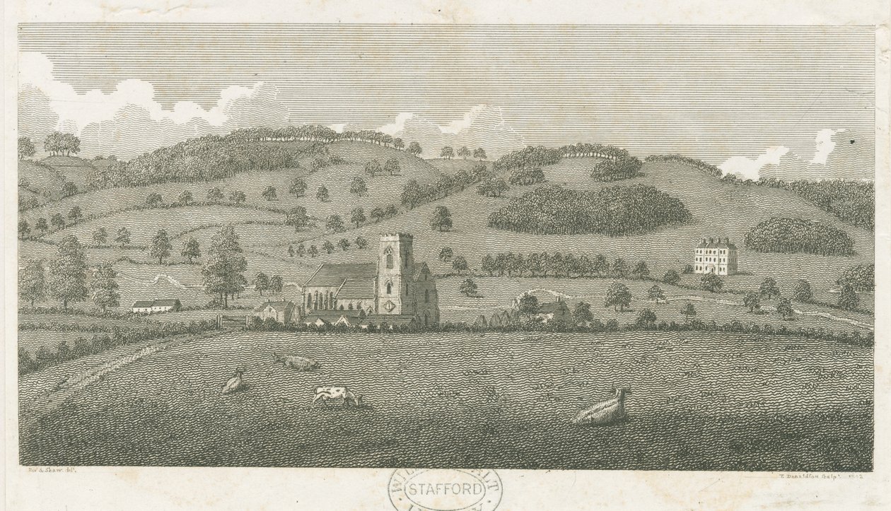 Wolseley - Colwich templom és Oakedge ház: metszet alkotó: Stebbing Shaw