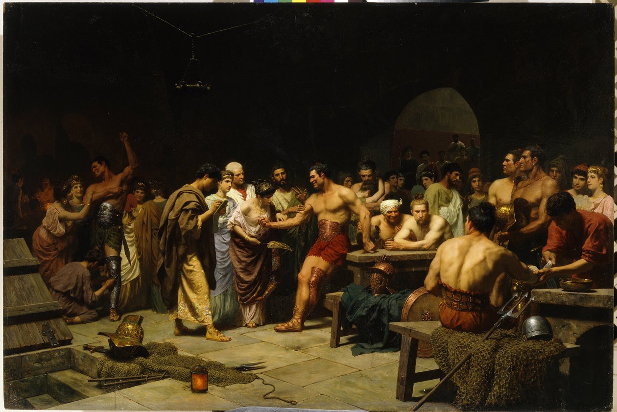 Gladiátorok az arénába lépés előtt. (The Gladiators Before An Appearance At Arena). A római patríciusok a harc előtt felkeresik és felmérik a gladiátorok testalkatát, a nők hízelegnek és gratulálnak a harcosoknak. Stepan festménye ( alkotó: Stefan Vladislavovich Bakalowicz