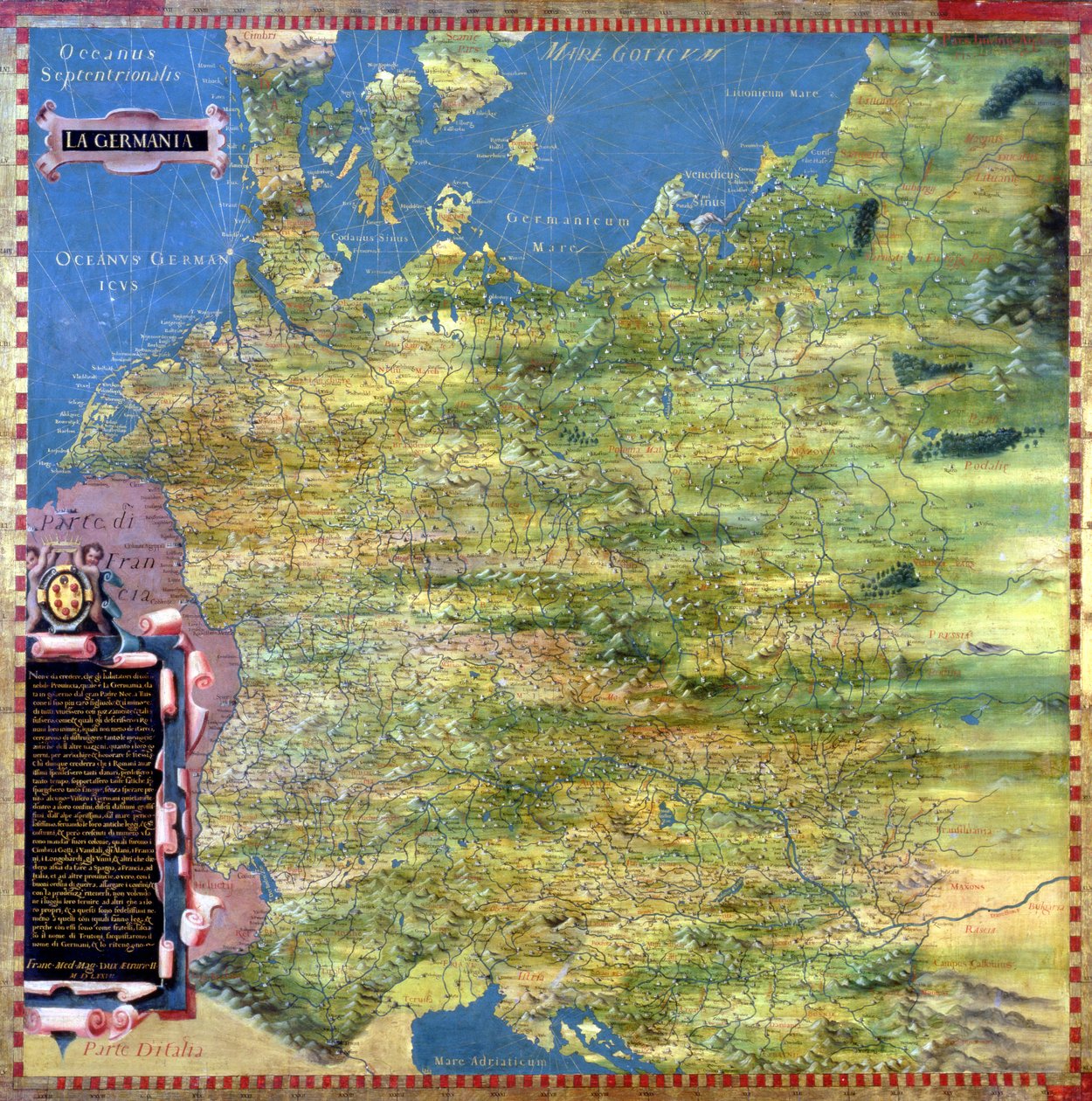 A tizenhatodik századi Németország térképe a „Sala delle Carte Geografiche”-ből (Földrajzi Térképek Csarnoka) 1575 alkotó: Stefano Bonsignori