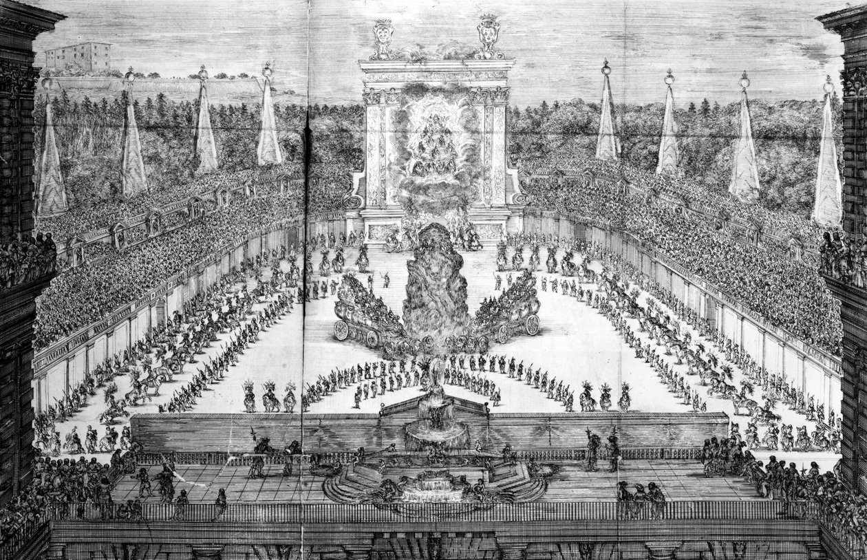 Az „Ercole in Tebe” előadása a Boboli Gardensben, III. Cosimo herceg és Marguerite Louise d