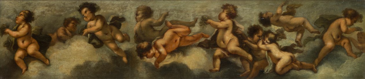 Putti disporting, 1655-72 körül (üvegvédelemmel ellátott vászonra fektetett papír) alkotó: Stefano (after) Magnasco