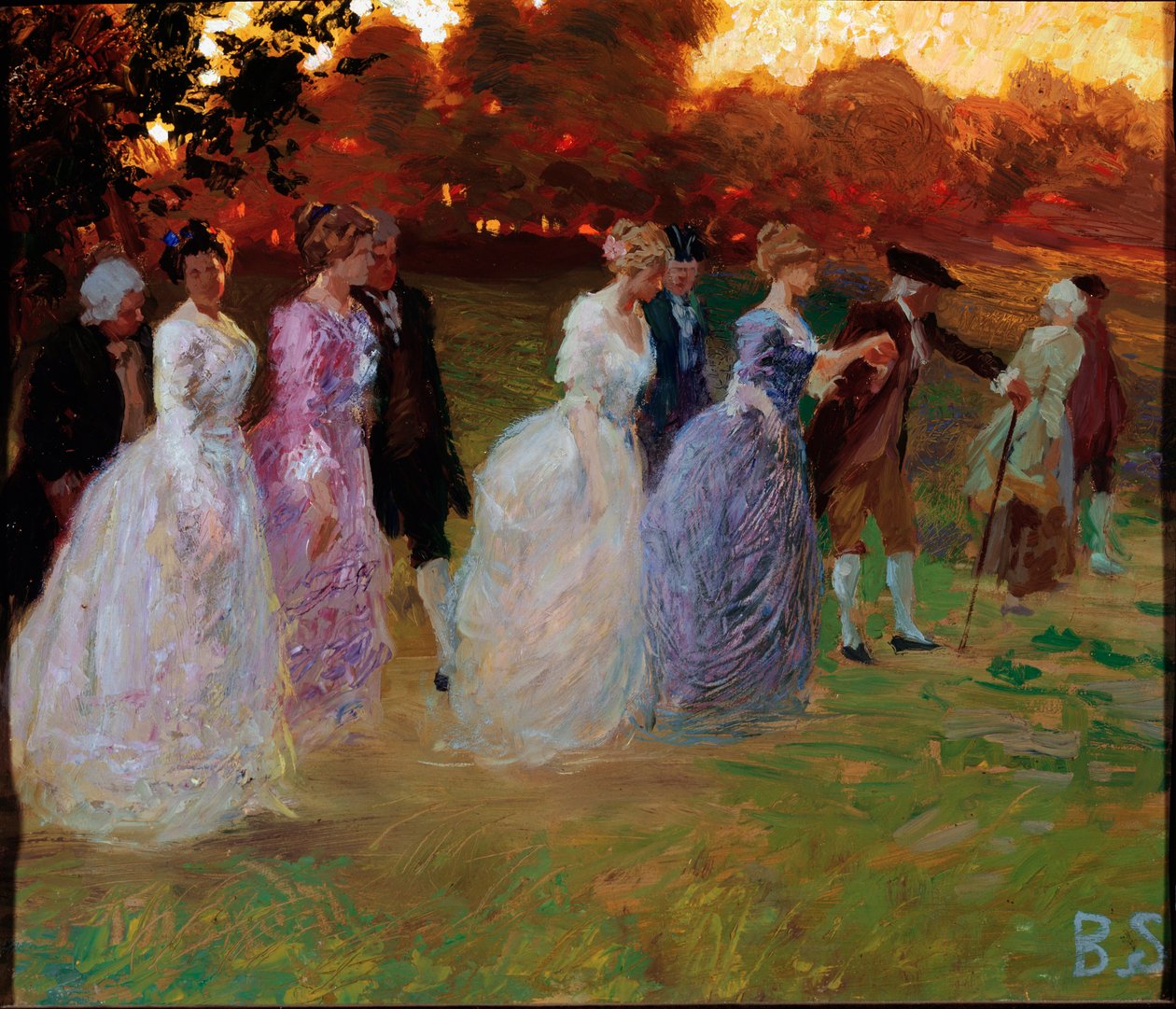 A palota visszatérése Elegáns fiatalok visszatérő világi eseményről (buliról vagy fogadásról) (Vissza a palotából) Stefano Baghino festménye (1881-1920) génjei, Galleria d