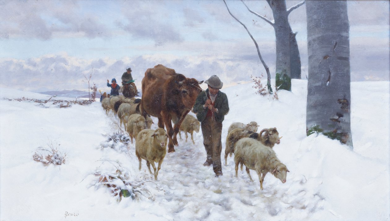 Visszatérés a piacról hóesés után, 1877 előtt (olaj, vászon) alkotó: Stefano Bruzzi