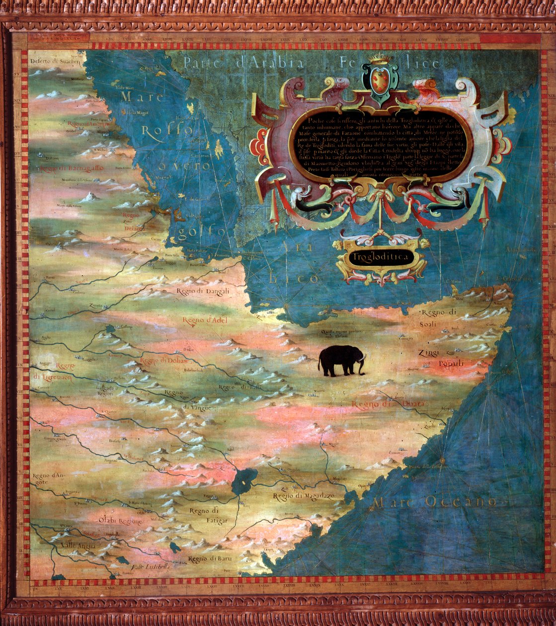 Kelet-Afrika (Szomália és Etiópia) A térképet Stefano Bonsignori (? -1589) olasz kozmográfus és festő készítette. 1581 körül. Firenze, Palazzo Vecchio, Sala del Mappamondo alkotó: Stefano Buonsignori