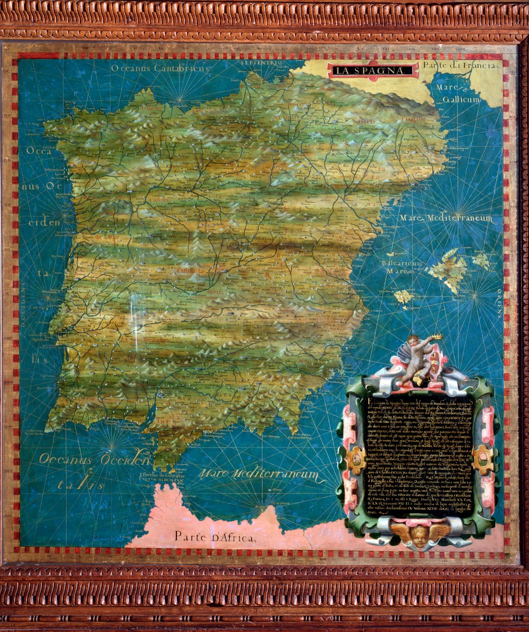 Spanyolország és Portugália A térképet Stefano Bonsignori (? -1589) olasz kozmográfus és festő készítette. 1581 körül. Firenze, Palazzo Vecchio, Sala del Mappamondo alkotó: Stefano Buonsignori