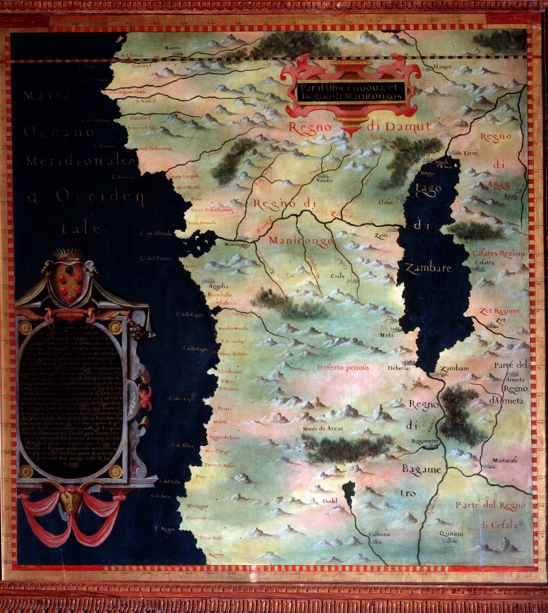 Nyugat-Afrika (Kongó és Angola) A térképet Stefano Bonsignori (? -1589) olasz kozmográfus és festő készítette. 1581 körül. Firenze, Palazzo Vecchio, Sala del Mappamondo alkotó: Stefano Buonsignori