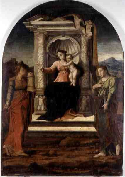 Madonna trónol Szent Borbálával és Szent Lúciával (olaj a panelen) alkotó: Stefano Giordano