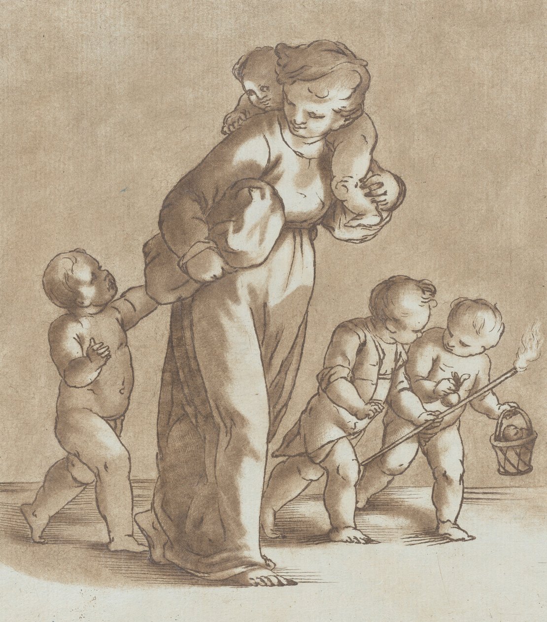 Egy fiatal lány balra sétál egy csecsemővel a vállán, kezében egy másik..., kb. 1780. alkotó: Stefano Mulinari