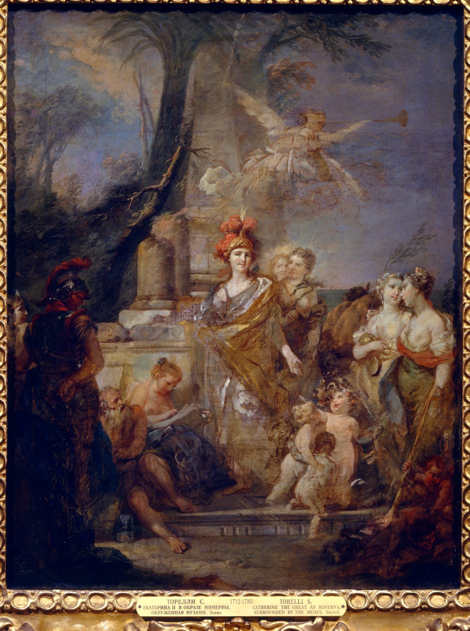 II. Katalin császárné (1729-1796) Minerva szerepében a múzsák körében. Stefano Torelli (1712-1784) festménye, olaj, vászon. olasz művészet alkotó: Stefano Torelli
