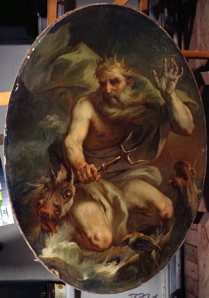 Neptunusz (Poszeidon) koronával és háromágú tengeri szörnyekkel (Neptunusz) ábrázolva. Stefano Torelli (1712-1784) festménye. Olajfestmény alkotó: Stefano Torelli