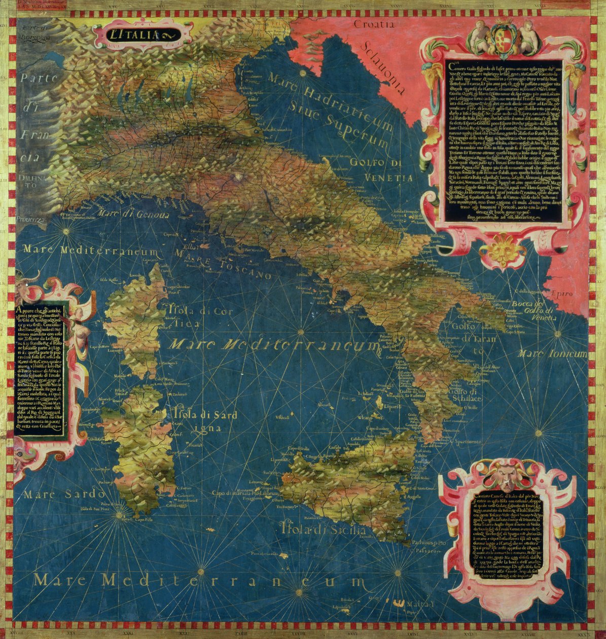 A tizenhatodik századi Olaszország térképe, a „Sala delle Carte Geografiche” (Földrajzi Térképek Csarnoka) 1575. évi térképe (olaj, tábla) alkotó: Stefano and Danti Egnazio Bonsignori