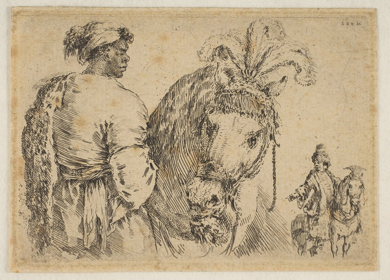 Egy fekete ember, aki lovat etet, kb. 1662. alkotó: Stefano della Bella