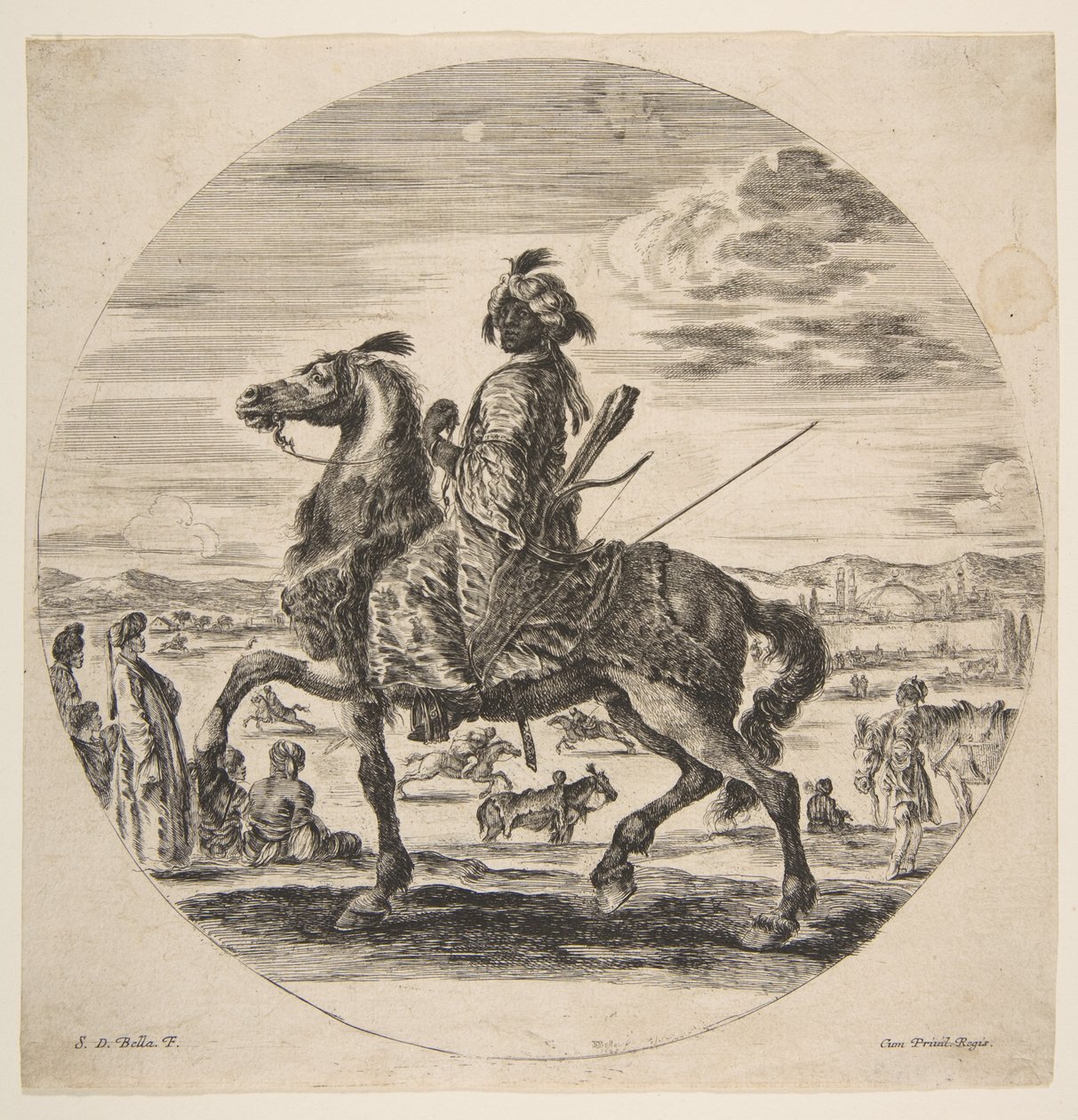 Egy mór lovas balra fordulva, állva és törököket ültetett a középpályán, egy..., kb. 1651. alkotó: Stefano della Bella