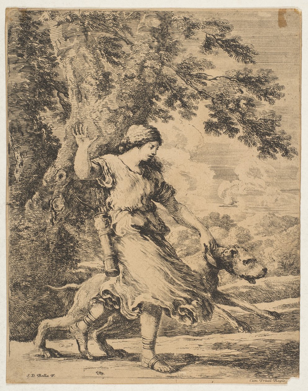 Egy nimfa egy nagy kutyát a nyakörvénél tartva, kb. 1654. alkotó: Stefano della Bella