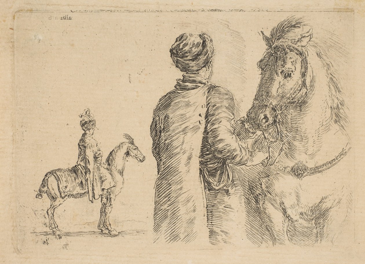 Egy lengyel vőlegény, hátulról, kantárnál fogva lovat, kb. 1662. alkotó: Stefano della Bella