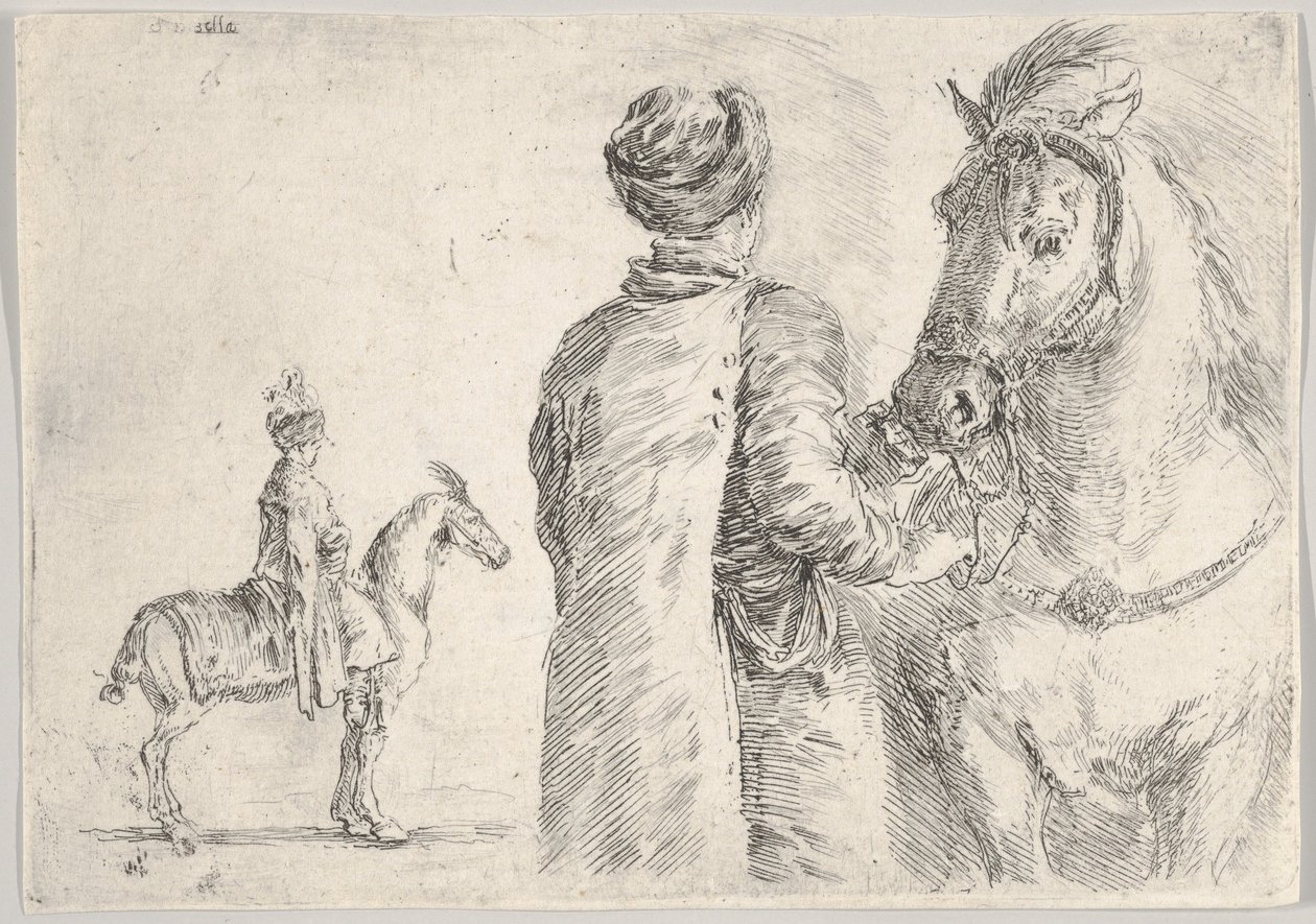 Egy lengyel inas, hátulról nézve, jobbra tartja a ló kantárját, egy lengyel hor..., kb. 1662. alkotó: Stefano della Bella