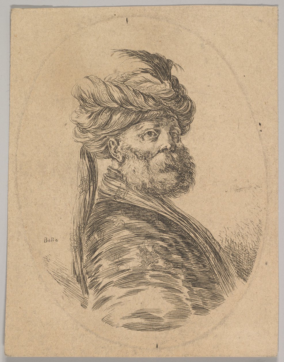 Szakállas, turbános török férfi, elöl egy hosszú tollal, háromnegyed éves..., 1650. alkotó: Stefano della Bella
