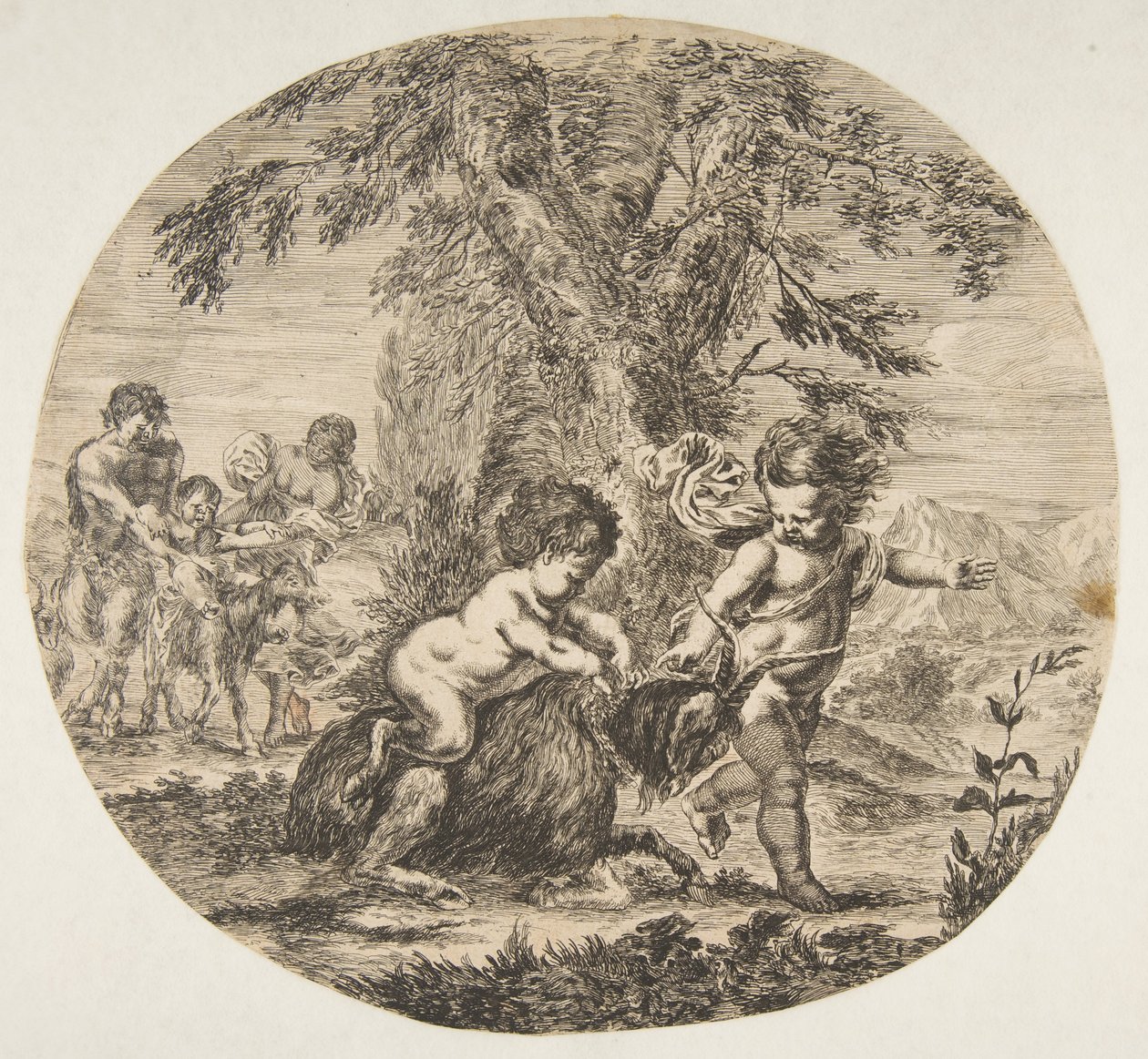 Egy gyerek és egy szatír gyerek játszik kecskével, kb. 1657. alkotó: Stefano della Bella