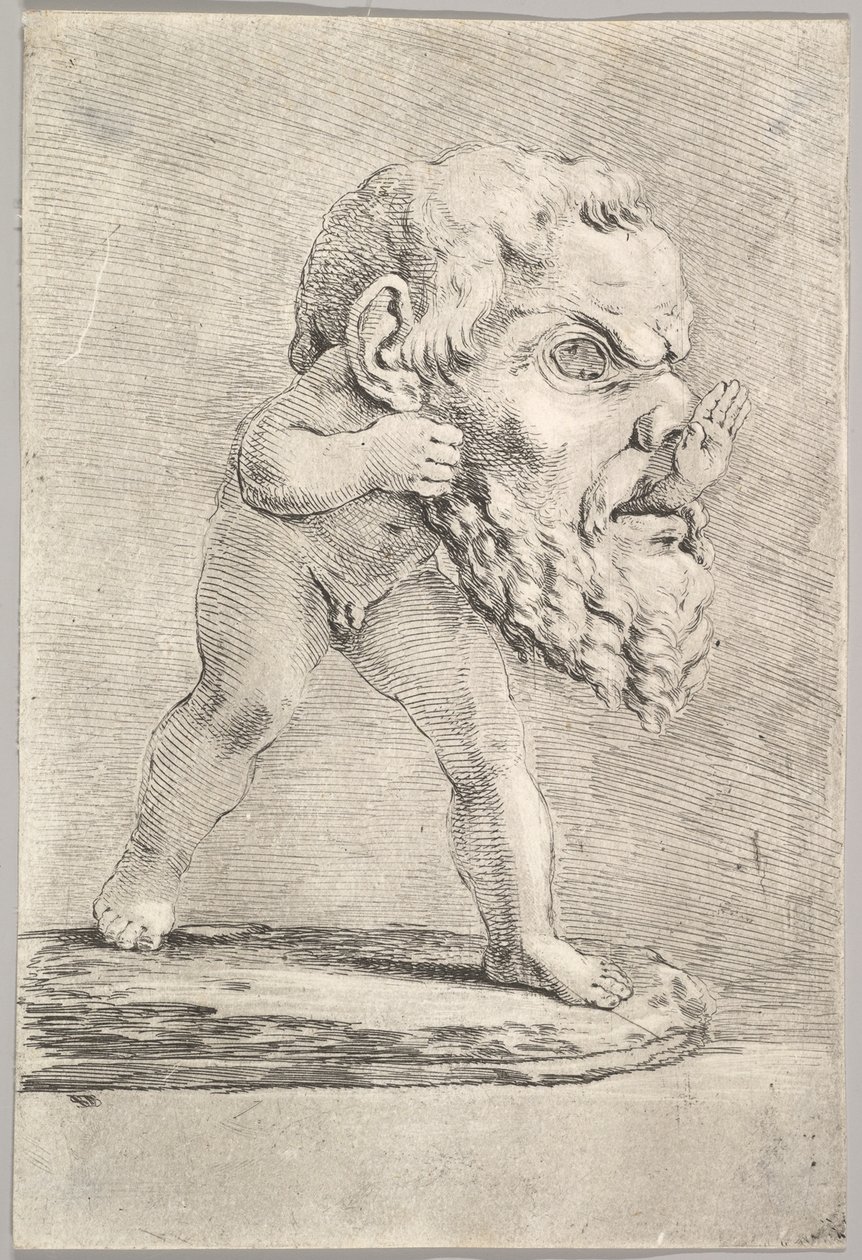 Egy nagy maszkot viselő gyermek a száján át dugja a kezét, kb. 1660. alkotó: Stefano della Bella
