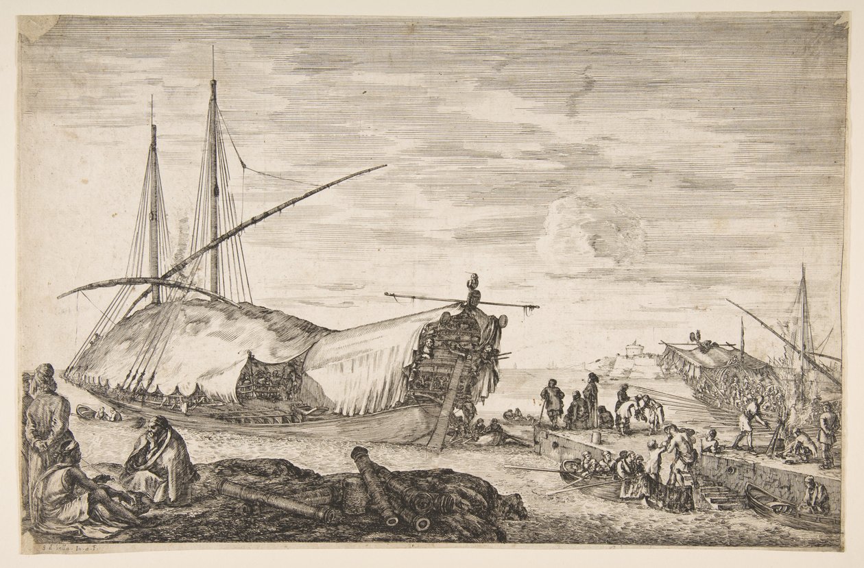 Balra vitorlákkal borított gálya, balra hat ágyú és négy ember az előtérben, egy..., 1655. alkotó: Stefano della Bella