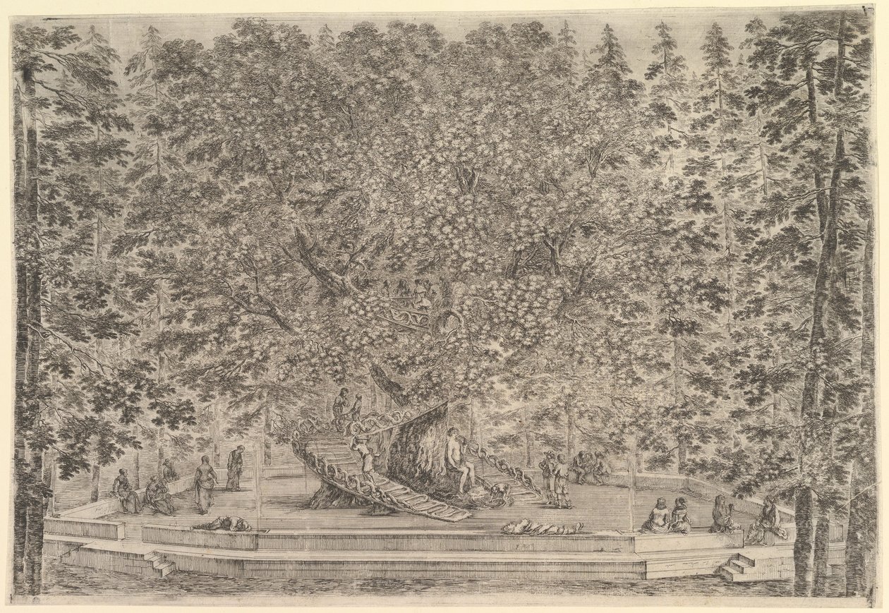 Középen egy nagy lakott fa, a törzs körül rámpák vezetnek, alatta egy kőpa..., kb. 1653. alkotó: Stefano della Bella