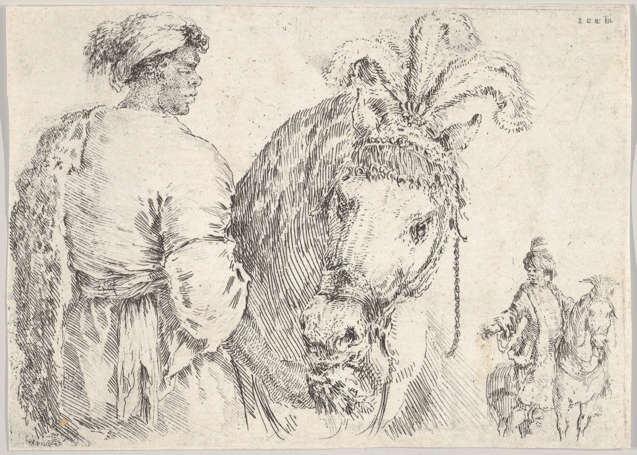 Egy férfi a bal oldalon, egy marék szénát ad egy lónak középen, egy lovas a t..., kb. 1662. alkotó: Stefano della Bella
