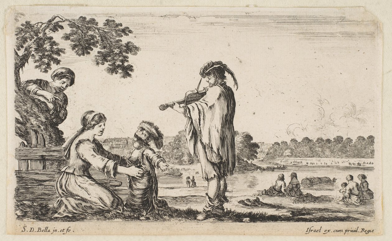 Középen egy férfi hegedül, profilban balra fordult, egy ülő nő ..., 1649. alkotó: Stefano della Bella