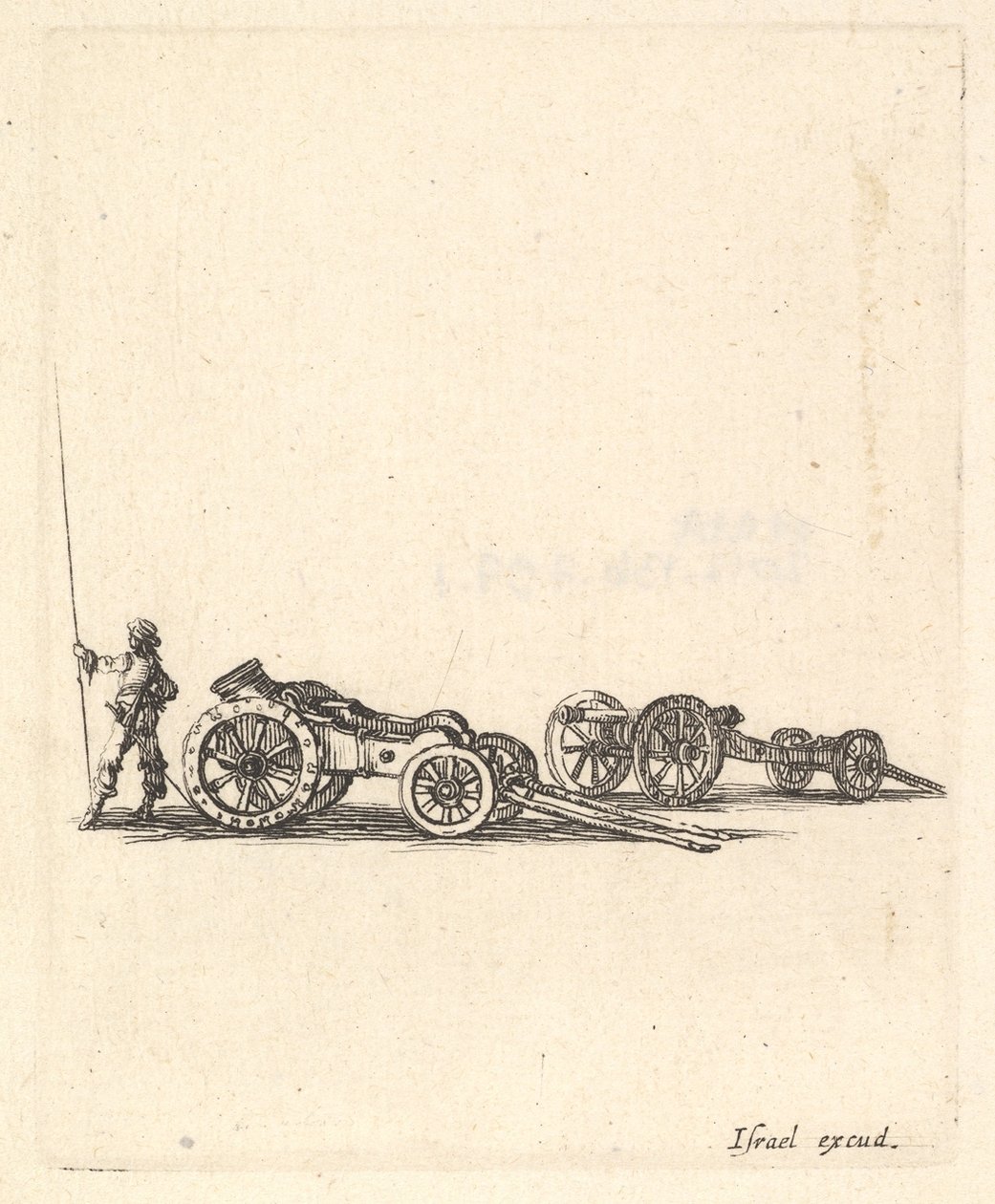 Egy aknavető és egy ágyú, mindkettő kocsira szerelve, egy katona hátulról látható..., kb. 1638-43. alkotó: Stefano della Bella