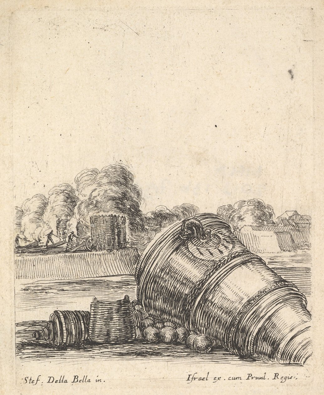 Jobbra egy kocsi nélküli aknavető a földön hever, katonák lövöldöznek ágyúval..., kb. 1638-43. alkotó: Stefano della Bella