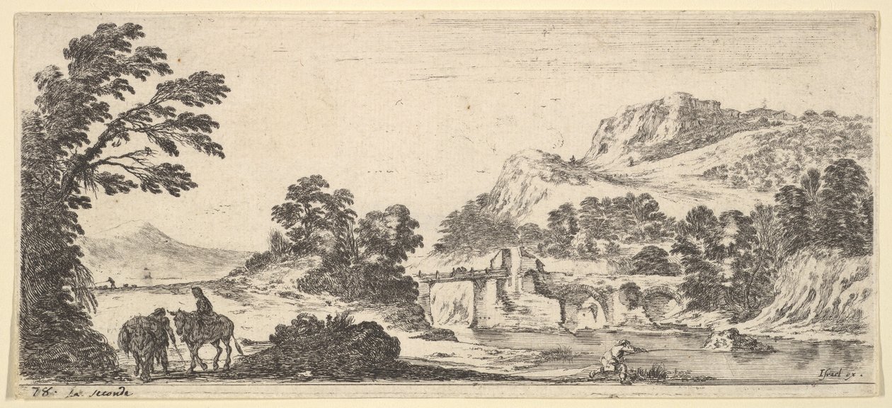 Egy nőt hordozó öszvér és egy öszvérrel balra sétáló paraszt, jobbra egy halász..., kb. 1641. alkotó: Stefano della Bella