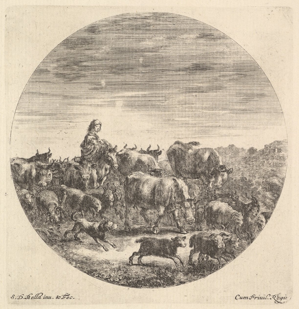 Egy lovon ülő parasztasszony balra, jobbra fordulva, körülötte egy csorda fc..., kb. 1643-48. alkotó: Stefano della Bella