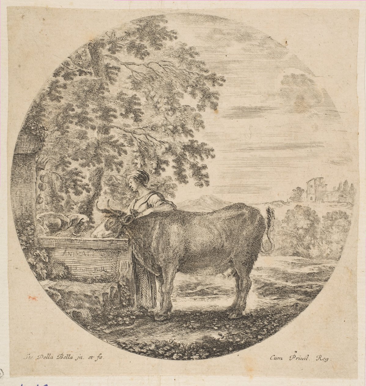 Parasztasszony tehénnel a Medici-karokkal díszített szökőkútnál, Six ani..., kb. 1646. alkotó: Stefano della Bella